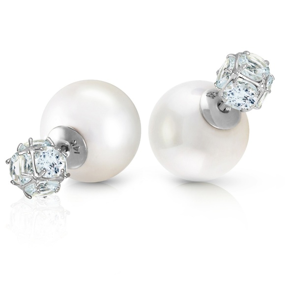 COPY - SHELL PEARLS AND AQUAMARINES STUD EARRINGS - Picture 1 of 6